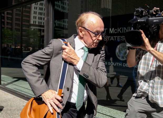 Tim Mapes, former chief of staff to House Speaker Michael Madigan, departs the Dirksen U.S. Courthouse after being found guilty on federal perjury charges on Aug. 24, 2023. (Brian Cassella/Chicago Tribune)