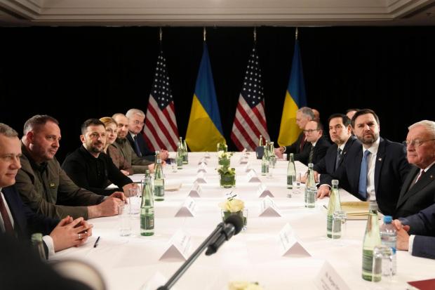 FILE - United States Vice-President JD Vance, second right, and United States Secretary of State Marco Rubio, third right, meet with Ukraine's President Volodymyr Zelenskyy, third left, during a bilateral meeting on the sidelines of the Munich Security Conference in Munich, Germany, Friday, Feb. 14, 2025. (AP Photo/Matthias Schrader, File)