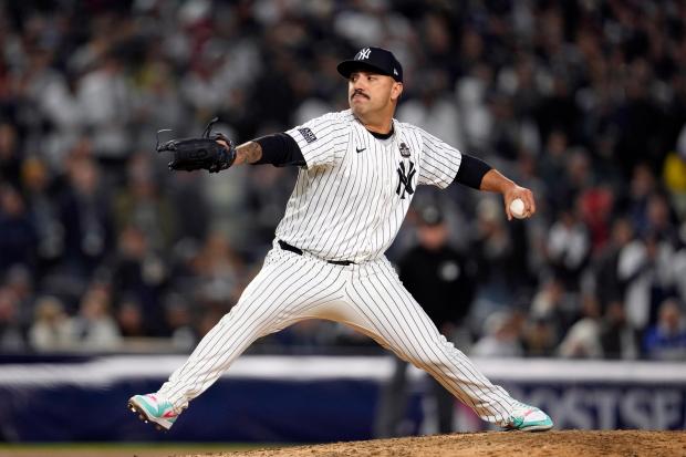 Yankees pitcher Nestor Cortes throws against the Dodgers during the fourth inning in Game 3 of the World Series on Oct. 28, 2024, in New York. (AP Photo/Godofredo A. Vásquez)