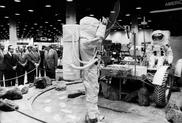 Mayor Richard J. Daley looks over the Lunar Roving Vehicle on display at the Auto Show at McCormick Place on Feb. 26, 1972, in Chicago. Daley was there to officially opened the show. (William Kelly/Chicago Tribune) 