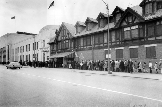 Lines for the Chicago Auto Show stretched for more than a block in both directions outside the International Amphitheatre on March 9, 1969, in Chicago. The show, under the sponsorship of the Chicago Automobile Trade Association, moved to the Amphitheatre, 43rd and Halsted Streets, in 1935. (Dave Nystrom/Chicago Tribune)