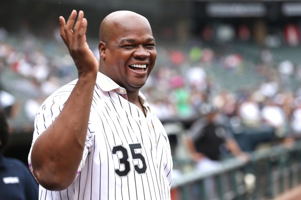 Former White Sox great Frank Thomas laughs during a ceremony to honor the 1993 American League West Division Championship White Sox team at Guaranteed Rate Field in Chicago on July 14, 2018. (Chris Sweda/Chicago Tribune)