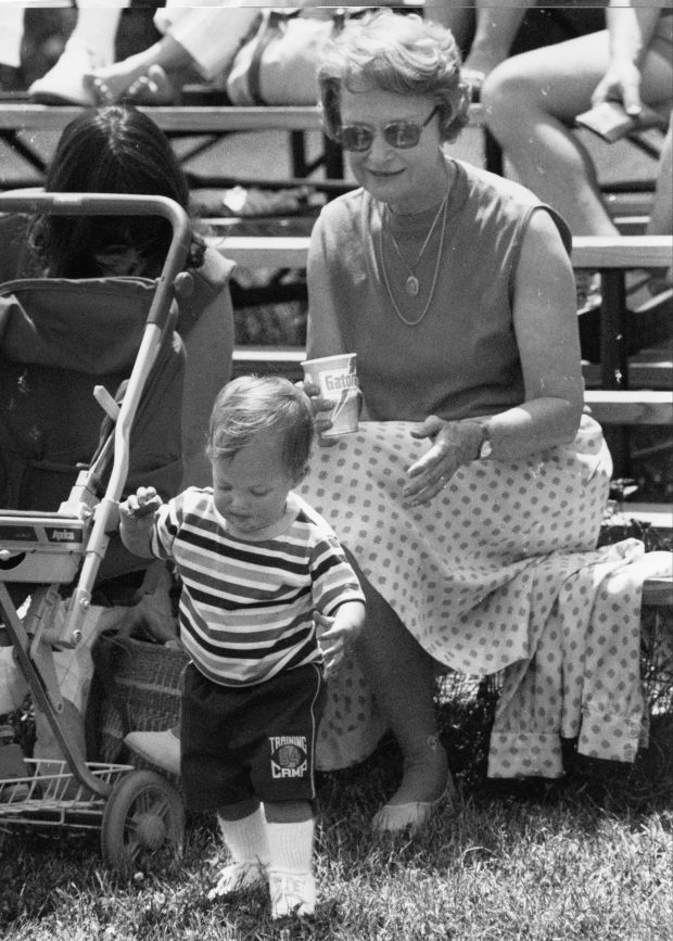 Virginia McCaskey sits in the stands with her grandson, 11-month-old John McCaskey, on May 25, 1985 during the Bears training camp in Lake Forest. (Bob Langer/Chicago Tribune) 