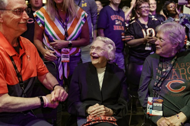 Virginia McCaskey laughs while talking with her son, George McCaskey, during the Bears100 Celebration at the Donald E. Stephens Convention Center, June 8, 2019, in Rosemont. (John J. Kim/Chicago Tribune)