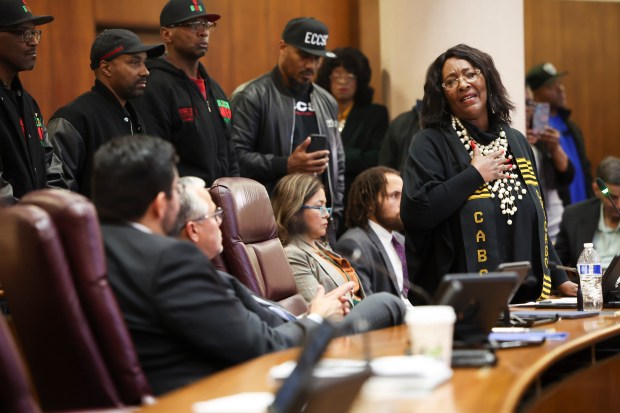 Ald. Emma Mitts makes her first public statement about what occurred between her and Alderman Carlos Ramirez Rosa last week, during the city council meeting at City Hall on Nov. 7, 2023. (Eileen T. Meslar/Chicago Tribune)