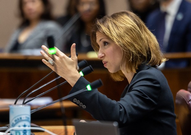 Inspector General Deborah Witzburg speaks at Chicago City Hall on Nov. 9, 2024. (Tess Crowley/Chicago Tribune)