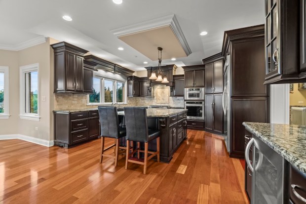 This Mokena home at 12201 Maggies Way has landscaped grounds, a pool, a brick paver patio, Trex decking, a fire pit and a private pond with a fountain. (Bryan and Jackie Badillo/Manor Images)