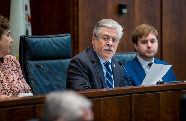 State Rep. Fred Crespo chairs a hearing on June 20, 2018, before the General Assembly's education committees at the Michael A. Bilandic Building. (Brian Cassella/Chicago Tribune)