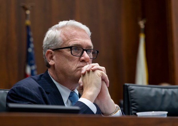 State Rep. Jim Durkin listens on Dec. 12, 2022, during an Illinois House committee hearing at the Bilandic Building about new gun legislation. (Brian Cassella/Chicago Tribune)