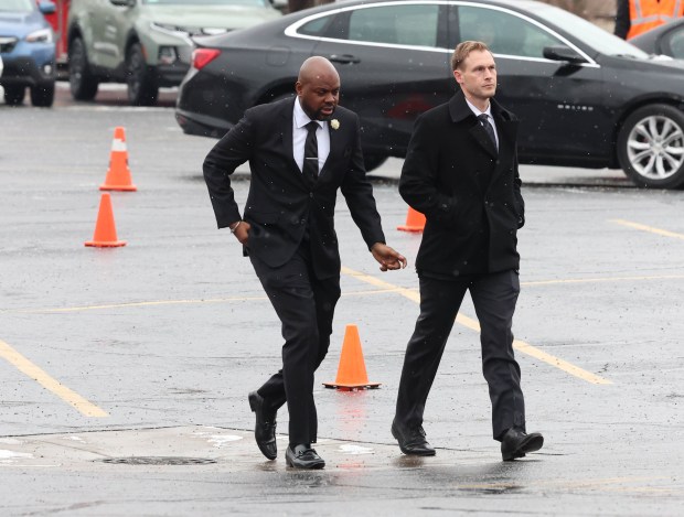 Chicago Bears new head coach Ben Johnson arrives at the funeral of Virginia McCaskey on Feb. 12, 2025, at St. Emily Catholic Church in Mount Prospect. (Stacey Wescott/Chicago Tribune)