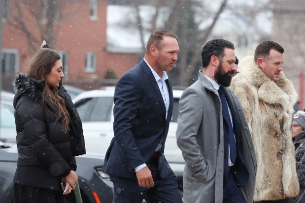 Former Chicago Bears linebacker Brian Urlacher arrives at the funeral of Virginia McCaskey on Feb. 12, 2025, at St. Emily Catholic Church in Mount Prospect. (Stacey Wescott/Chicago Tribune)