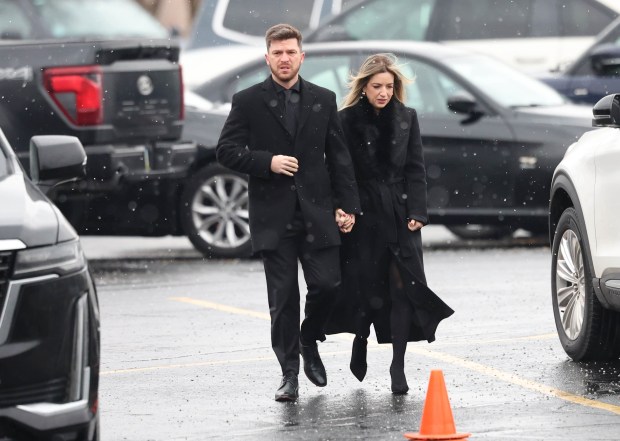 Chicago Bears kicker Cairo Santos arrives at the funeral of Chicago Bears owner Virignia McCaskey on Feb. 12, 2025, at St. Emily Catholic Church in Mount Prospect. (Stacey Wescott/Chicago Tribune)