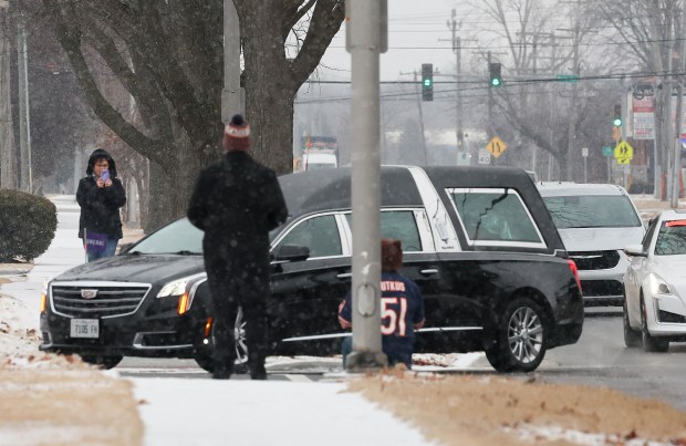 The hearse containing the casket of Chicago Bears owner Virignia McCaskey on Feb. 12, 2025, at St. Emily Catholic Church in Mount Prospect. (Stacey Wescott/Chicago Tribune)