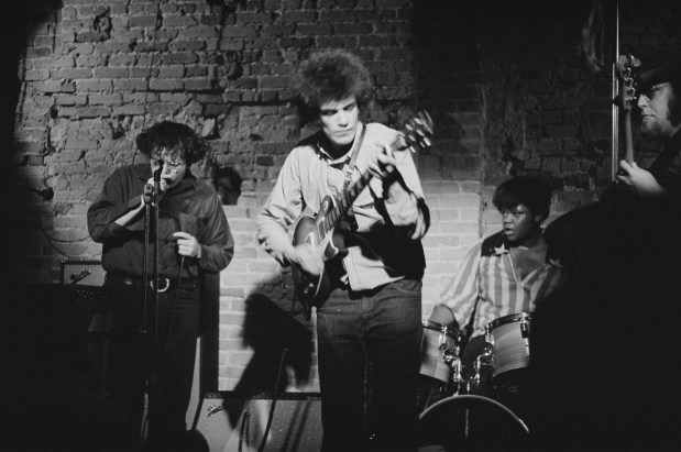 The Electric Flag guitarist Mike Bloomfield plays with Nick Gravenites, left, drummer Buddy Miles and bassist Harvey Brooks in New York City, circa 1967. (Don Paulsen/Michael Ochs Archives)