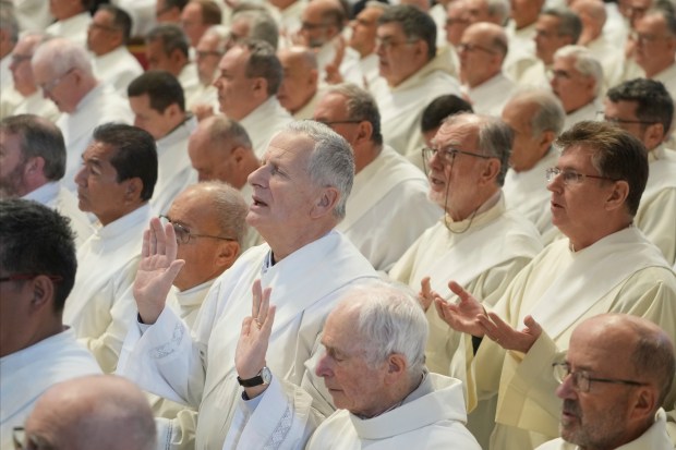 Deacons take part in a mass for their jubilee in St. Peter's Basilica at The Vatican on Feb. 23, 2025, that was supposed to be presided over by Pope Francis who was admitted over a week ago at Rome's Agostino Gemelli Polyclinic and is in critical condition. (Alessandra Tarantino/AP)