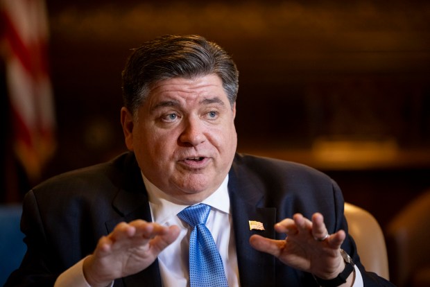 Gov. JB Pritzker speaks from his ceremonial office after delivering his combined State of the State and budget address Feb. 19, 2025, in Springfield. (Brian Cassella/Chicago Tribune)