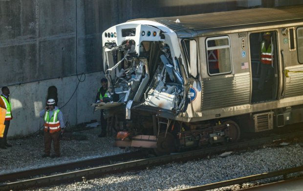 A crashed CTA Yellow Line train sits at the Howard Rail Yard in Rogers Park on Nov. 17, 2023. (Talia Sprague/Chicago Tribune)