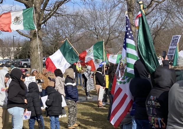 Demonstrators hold a variety of flags. (Steve Sadin/For the Lake County News-Sun)