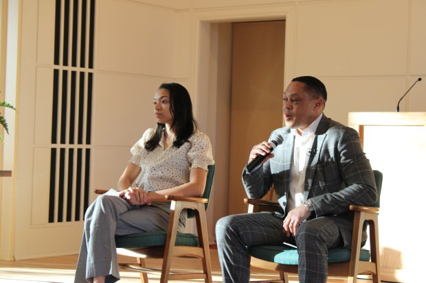 Candidates for Evanston's 7th Ward City Councilmember seat speaking at a candidate forum on Feb. 9, 2025. From left to right: Parielle Davis and Kerry Alexander Mundy Williams. (Richard Requena/Pioneer Press)