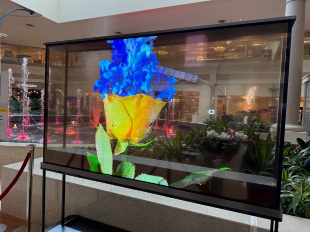 The world's first transparent TV, one of five in the United States, according to Abt Electronics, is on display and for sale at the retailer in Glenview, Illinois. LG Electronics makes the breakthrough television, which sells for $60,000. (Pam DeFiglio/Chicago Tribune)