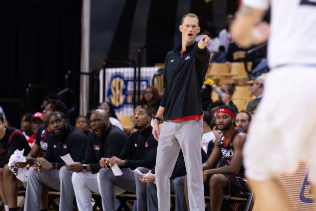 Southeast Missouri State coach Brad Korn calls a play during the first half of a game against Missouri on Sunday, Dec. 4, 2022.