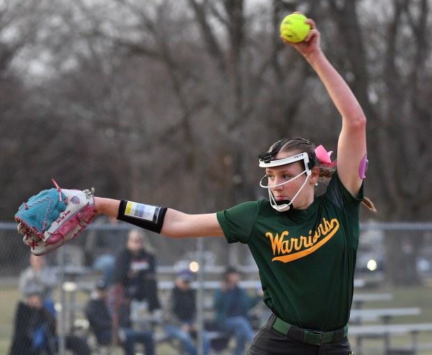 Waubonsie Valley relief pitcher Molly Quinn delivers to a West Aurora batter during a game on Tuesday, March 18, 2025 in Aurora.(Jon Cunningham/for The Beacon-News)