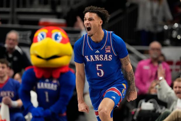 Kansas' Zeke Mayo celebrates after scoring during the second half against Arizona in the Big 12 Tournament on March 13, 2025, in Kansas City, Mo. (AP Photo/Charlie Riedel)