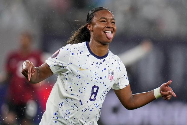 The United States' Jaedyn Shaw celebrates after scoring a goal against Canada during a CONCACAF Gold Cup semifinal on March 6, 2024, in San Diego. (AP Photo/Gregory Bull)