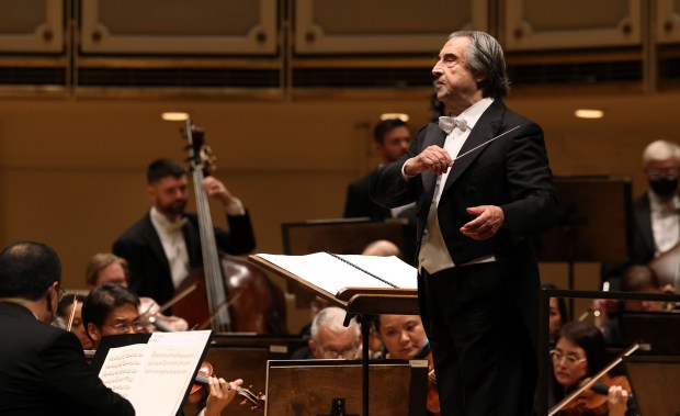 Riccardo Muti conducts the Chicago Symphony Orchestra in Philip Glass's "The Triumph of the Octagon" in Orchestra Hall on Sept. 28, 2023, in Chicago. (John J. Kim/Chicago Tribune)