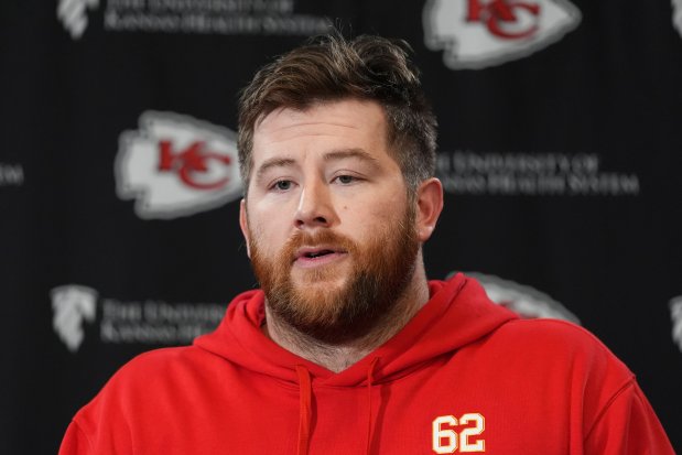 Chiefs guard Joe Thuney addresses the media on Jan. 23, 2025, in Kansas City, Mo. (AP Photo/Charlie Riedel)