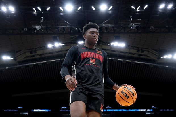 Maryland's Derik Queen dribbles during practice on March 20, 2025 in Seattle. (Photo by Steph Chambers/Getty Images)