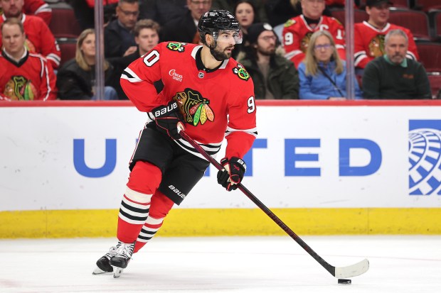 Blackhawks' Joe Veleno skates with the puck against the Kings during the second period at the United Center on March 20, 2025. (Photo by Michael Reaves/Getty Images)