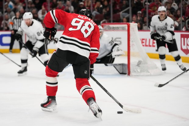 Blackhawks' Connor Bedard) shoots at the Kings goal during the second period on March 20, 2025. (AP Photo/Erin Hooley)