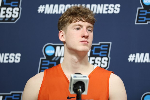 Illinois' Kasparas Jakucionis speaks to the media during practice at Fiserv Forum on March 20, 2025 in Milwaukee, Wisconsin. (Photo by Stacy Revere/Getty Images)