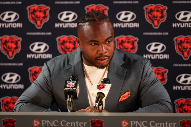 New Bears defensive tackle Grady Jarrett talks to the media on Wednesday, March 12, 2025, at Halas Hall in Lake Forest. (Audrey Richardson/Chicago Tribune)