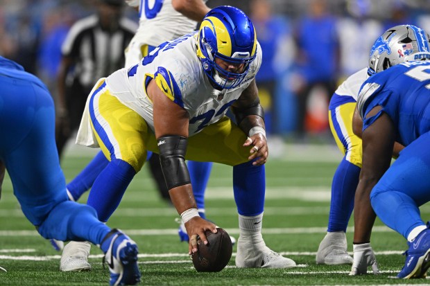 Rams center Jonah Jackson waits to snap the ball against the Lions on Sept. 8, 2024, in Detroit. (AP Photo/David Dermer)