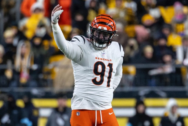 Bengals defensive end Trey Hendrickson gestures during a game against the Steelers on Jan. 4, 2025, in Pittsburgh. (AP Photo/Matt Durisko)