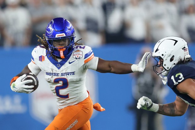 Ashton Jeanty of Boise State runs the ball against Tony Rojas of Penn State in the Fiesta Bowl on Dec. 31, 2024, in Glendale, Ariz. (Christian Petersen/Getty Images)