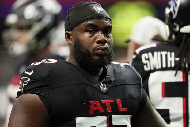 Falcons defensive end Grady Jarrett warms up before a preseason game against the Jaguars on Aug. 23, 2024, in Atlanta. (Jason Getz/The Atlanta Journal-Constitution)