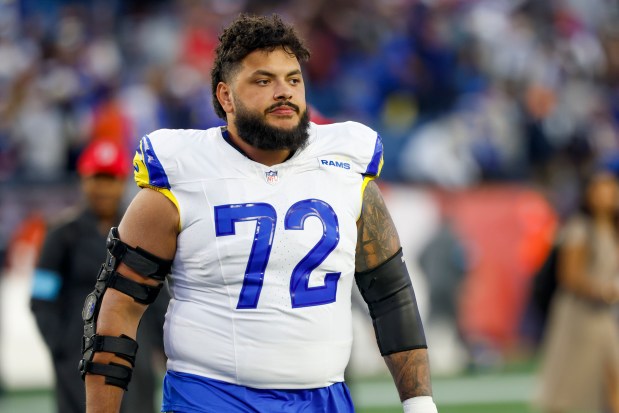 Rams guard Jonah Jackson during a game against the Patriots on Nov. 17, 2024, in Foxborough, Mass. (AP Photo/Greg M. Cooper)