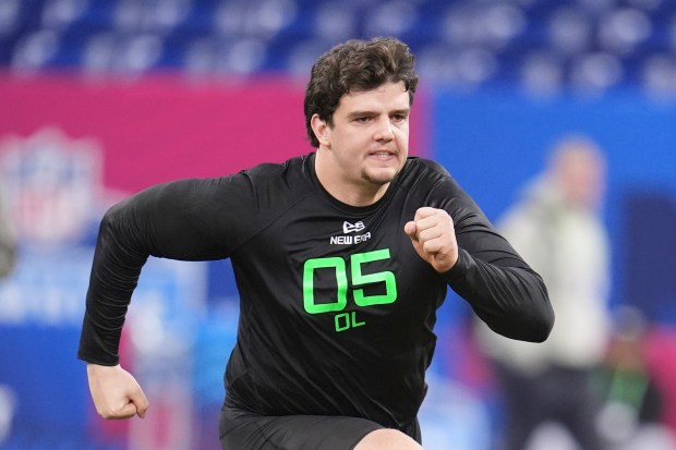 LSU offensive lineman Will Campbell runs a drill at the NFL scouting combine in Indianapolis on March 2, 2025. (AP Photo/Michael Conroy)