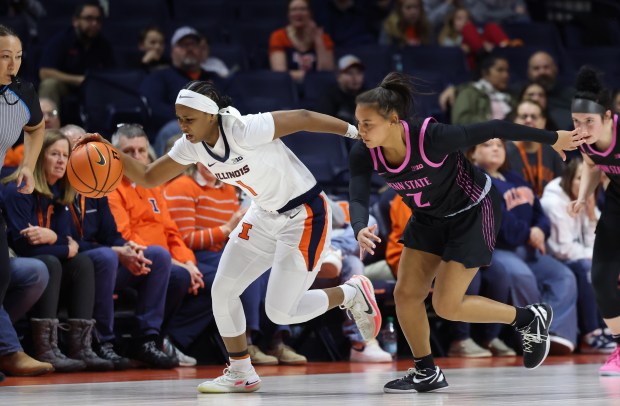 Illinois guard Genesis Bryant dribbles past the defense of Penn State guard Shaelyn Steele on Feb. 13, 2025, at the State Farm Center in Champaign. (John J. Kim/Chicago Tribune)