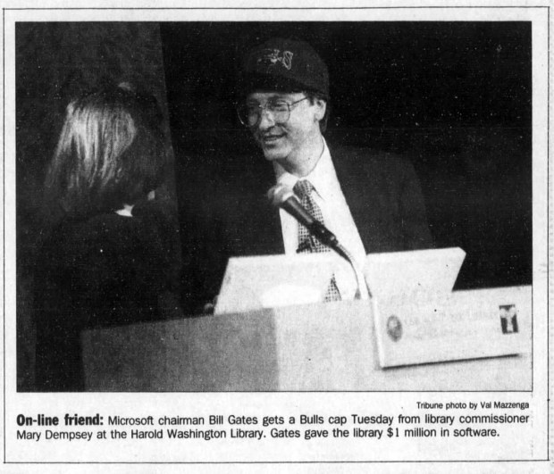 Microsoft CEO Bill Gates donates $1 million in software to the Chicago Public Library on March 19, 1996. (Chicago Tribune)