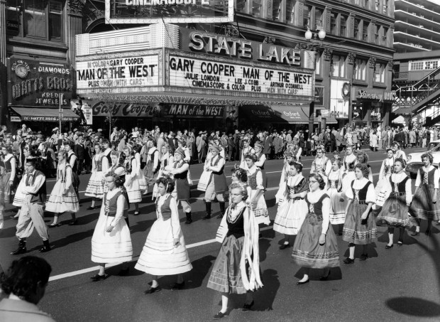 Students from Holy Family Academy, clad in native costumes, parade down State Street during the General Pulaski Memorial Parade on Oct. 11, 1958. The parade was a salute to Brig. Gen. Casimir Pulaski, the Polish count, who joined American forces in the American revolution and was mortally wounded commanding American and French forces in the siege of Savannah in 1779. (Luigi Mendicino/Chicago Tribune)