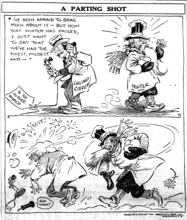 Just when Chicago believed snow was finished for the season, the city was walloped with about 16 inches of snow in early March 1931. Tribune cartoonist Carey Orr summarized locals' reaction to the unexpected snowstorm in two frames, which published on the front page of the March 9, 1931 edition of the Tribune. (Chicago Tribune)