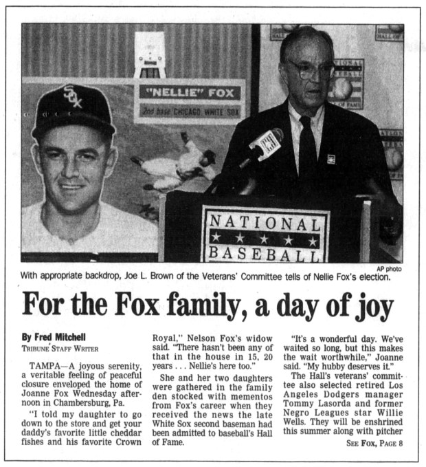 Former Chicago White Sox second baseman Nellie Fox, who died in 1975, was elected to baseball's Hall of Fame on March 5, 1997. Fox was a 12-time All-Star who batted better than .300 six times and .288 during a 19-year career that included 14 with the Sox. (Chicago Tribune)