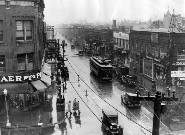 Looking south on Crawford Avenue from Madison Street on Oct. 26, 1933, in Chicago. Crawford Avenue is to be changed to Pulaski Road if the proposed change goes through. (Swain Scalf/Chicago Tribune) scanned from print, published on Oct. 27, 1933.