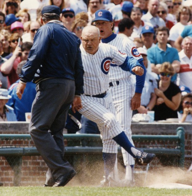 Cubs manager Don Zimmer argues with umpire Harry Wendelstedt after an apparent Ryne Sandberg home run was ruled a foul ball during a game against the Reds on May 28, 1990, at Wrigley Field. (Ed Wagner/Chicago Tribune)