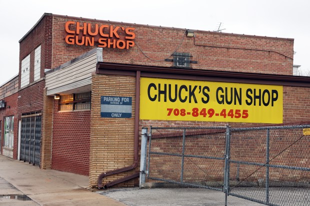 Chuck's Gun Shop in Riverdale on March 8, 2025, recently closed its doors. (Terrence Antonio James/Chicago Tribune)