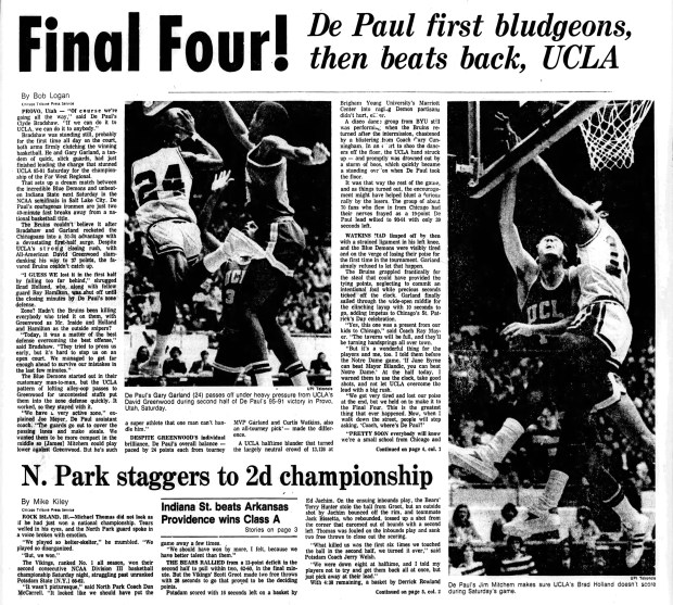 DePaul men's basketball team beat the No. 1-ranked UCLA Bruins 95-91 on March 17, 1979, to win the Far West Regional and compete in the NCAA semifinals in Salt Lake City. (Chicago Tribune)